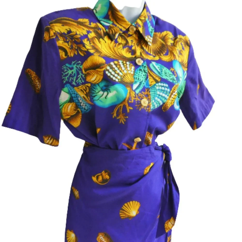 Vintage Skirt Set Ruched Side Sarong Tie Blouse Ocean Shells Theme Resort Sz M